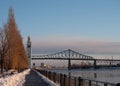 Montreal`s Clock Tower and Jacques Cartier Bridge in the Winter Royalty Free Stock Photo