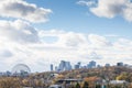 Montreal skyline, with iconic buildings of the CBD business skyscrapers and the Biosphere seen from Jean Drapeau park in autumn. Royalty Free Stock Photo