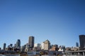 Montreal skyline, with iconic buildings of old Montreal Vieux Montreal and CBD business skyscrapers taken from the port.