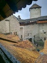 Montreux, Switzerland - August 20, 2019: View of the courtyard of Chillon Castle and the tiled roof. This castle is one of the Royalty Free Stock Photo