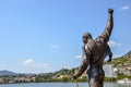 Montreux, Switzerland - July 26, 2019: Famous statue of Freddie Mercury, singer of the famous band Queen. City by Lake Geneva in