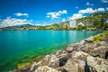 Panorama view of Villeneuve city with Swiss Alps, lake Geneva and vineyard on Lavaux region, Canton Vaud, Switzerland, Europe