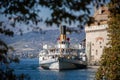 Montreux, Switzerland - October 2016: Historic paddle steamer at Chateau de Chillon on Lake Geneva Royalty Free Stock Photo