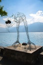 Montreux, Switzerland - September 14, 2017: Figure silhouette of bird of wire on promenade of the Lake Leman