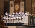 Montserrat Boys Choir, performing wearing COVID masks at the Basilica of Santa Maria de Montserrat Monastery.