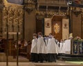 Montserrat Boys Choir, performing wearing COVID masks at the Basilica of Santa Maria de Montserrat Monastery.