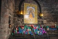 Montserrat, Spain - September 21, 2021: Mosaic of the Virgin of Montserrat with offering candles and supplications of prayers to