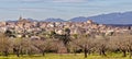 Old spanish town of Montuiri with blossoming trees and tramountana mountains, mallorca, spain Royalty Free Stock Photo