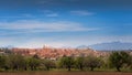 Montuiri town with blossoming trees and tramountana mountains, typical old spanish town, mallorca, spain Royalty Free Stock Photo