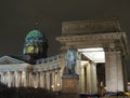 Monument against the background of the Kazan Cathedral in St. Petersburg, night shooting