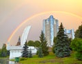 Monument Boat on waterfront of Samara city against rainbow