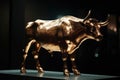 A monument of a bronze bull in the center of the street as a symbol of the stock market. AI generated.