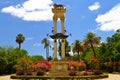 Monument of Christopher Columbus decorated with the prows of two ships and a lion in the garden de Murillo in Seville, capital of Royalty Free Stock Photo