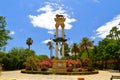 Monument of Christopher Columbus decorated with the prows of two ships and a lion in the garden de Murillo in Seville, capital of