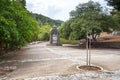 Monument with cross on Lluc Monastery, Majorca, Spain Royalty Free Stock Photo