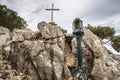 Monument with cross on Lluc Monastery, Majorca, Spain Royalty Free Stock Photo
