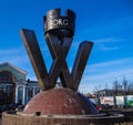 Monument with the emblem of the city of Vyborg front of the station