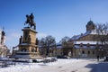 Podebrady, Czech Republic - February 14, 2021 - the equestrian statue of George of Podebrady on Podebrady Square in a beautiful su