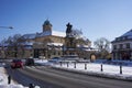 Podebrady, Czech Republic - February 14, 2021 - the equestrian statue of George of Podebrady on Podebrady Square in a beautiful su