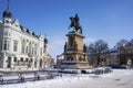 Podebrady, Czech Republic - February 14, 2021 - the equestrian statue of George of Podebrady on Podebrady Square in a beautiful su