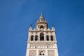 Monument of the giralda of seville in the gothic cathedral. It can be seen rising into the blue sky of the city. It is the largest