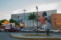 Monument and Graffiti on the wall of a building in the city Campeche, drawing a man on his hand a dove sits. San Francisco de Camp Royalty Free Stock Photo