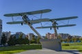 Monument in honor of the first pilots of Russia, heroic aviators of the Commandant airfield. Replica Polikarpov Po-2 U-2