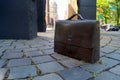 Raoul Wallenberg Monument, details, bronze briefcase with RW initials, at United Nations Plaza, New York, NY, USA Royalty Free Stock Photo