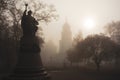 Monument of Ivan Mazepa hetman of Ukraine in Poltava city, Ukraine in fog Royalty Free Stock Photo