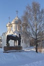 Monument Konstantin Nikolaevich Batyushkov against the backdrop of St. Sophia Cathedral in the city of Vologda