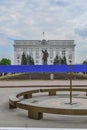 Monument of Lenin on the Square of Soviets in the center of Kemerovo in the summer, zero kelo-meter