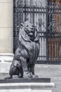 Monument of a lion near the Parliament building in Budapest