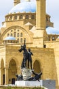 Monument in Martyrs\' square with al-Amin mosque, Beirut, Lebanon