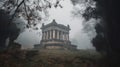 a monument in the middle of a forest on a foggy day with trees in the foreground and a few branches in the foreground