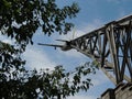 Monument of military pilot on construction steel arrow at aircraft museum Royalty Free Stock Photo