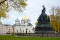 Monument `Millennium of Russia` and the St. Sophia Cathedral cloudy October day. The Kremlin of Veliky Novgorod