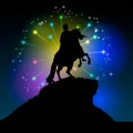 Monument of Peter the first Saint-Petersburg, Russia. Decorative illustration of bronze horseman on fireworks background Royalty Free Stock Photo