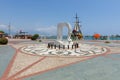 Monument and pleasure boats in the sea port of Alanya Royalty Free Stock Photo