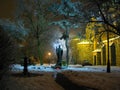 Monument of Pope John Paul II by gothic cathedral in Plock Poland at night by the moonlight