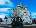 monument-reproduction of paintings by Andrei Rublev & x22;Holy Trinity& x22; against the background of the Russian Orthodox Church Royalty Free Stock Photo