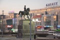 A monument of Rokossovskiy lighted