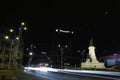 The monument in the roundabout in University Square. The zero kilometer of Bucharest.Intercontinental Hotel Royalty Free Stock Photo