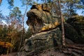 Monument sandstone rock relief Snake created by Vaclav Levy between Libechov and Zelizy, Cliff carvings carved in pine forest,