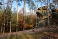 Monument sandstone rock relief Snake created by Vaclav Levy between Libechov and Zelizy, Cliff carvings carved in pine forest,