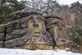 Monument sandstone rock sculptures Certovy Hlavy - Devils Heads created by Vaclav Levy near Libechov and Zelizy. Royalty Free Stock Photo