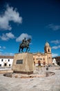 Monument of Simon Bolivar in the square with colonial style architecture in the city of Tunja. Colombia. Royalty Free Stock Photo