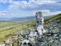 Dyatlov pass, Northern Ural Russia, July, 16, 2021. Monument at the site of mysterious death of group of skiers led by Dyatlov