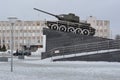 Monument `tank t-34`in the city of Kandalaksha in March 2021