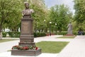 Monument of tatar poet, hero of the Soviet Union Musa Mostafa Dzhalil 1906-1944 on background of Monument of poet Magtymguly