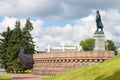 Monument to Afanasy Nikitin on a cloudy July day. Tver